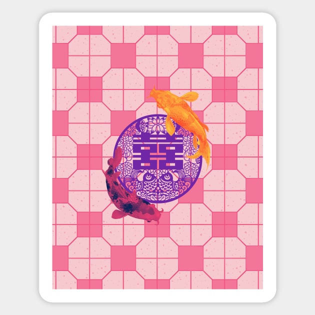 Double Happy Koi Fish - Yoga Calm Vibe Blush Pink Tile Floor Pattern Sticker by CRAFTY BITCH